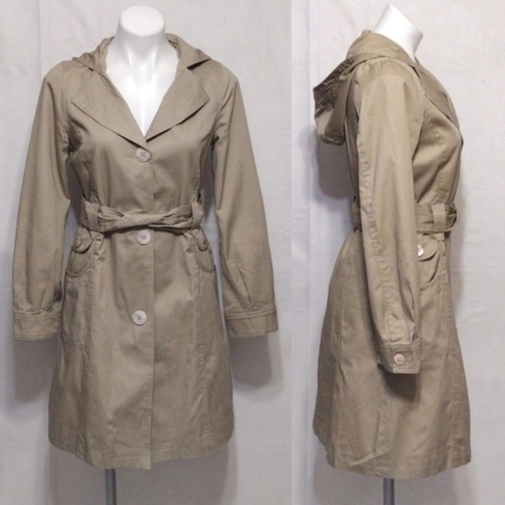 Mossimo Hooded Cotton Trench Coat Small Belted Lightweight Casual Fall Jacket